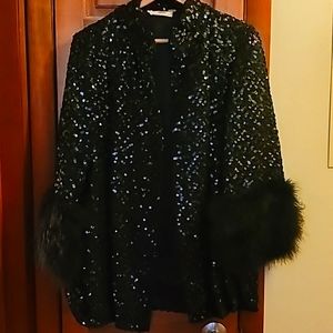 She Black Sequin Jacket with Feather Trim Sleeves